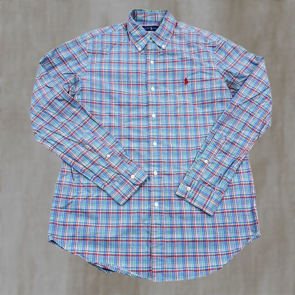 Ralph Lauren Ralph Lauren Shirt Adult Medium Blue Red Multi Button Up Dress Cotton Preppy Men Size 40R - 1 Thumbnail
