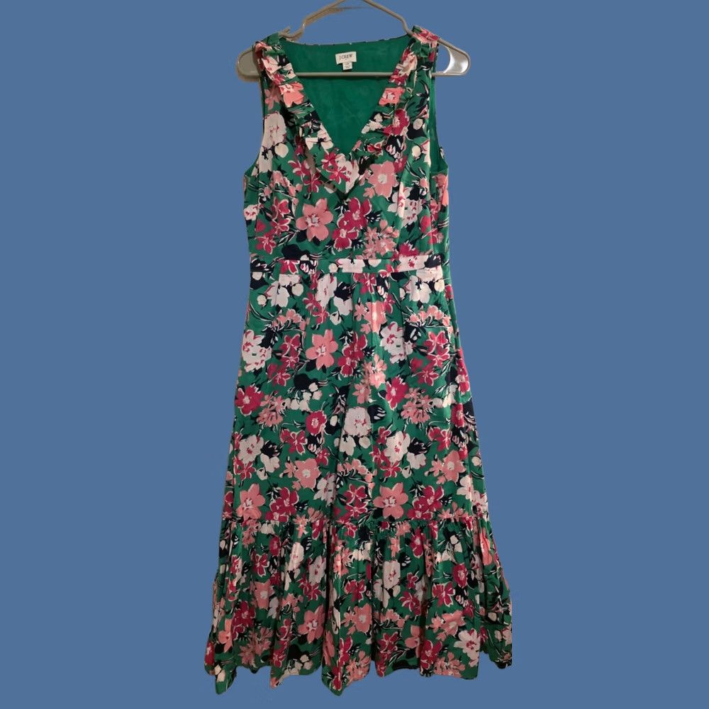 J.Crew J.Crew Floral Sleeveless Dress Women's 10 Green Pink Ruffle Hem Boho Summer Size L / US 10 / IT 46 - 1 Thumbnail