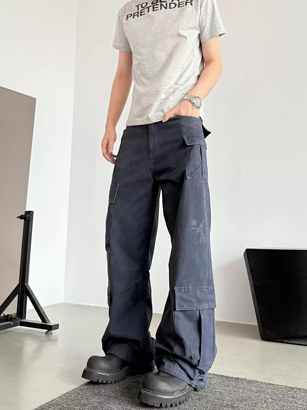 Other Blue Loose Fit Cargo Pants, Wide Leg Utility Pants Size US 32 / EU 48 - 3 Thumbnail