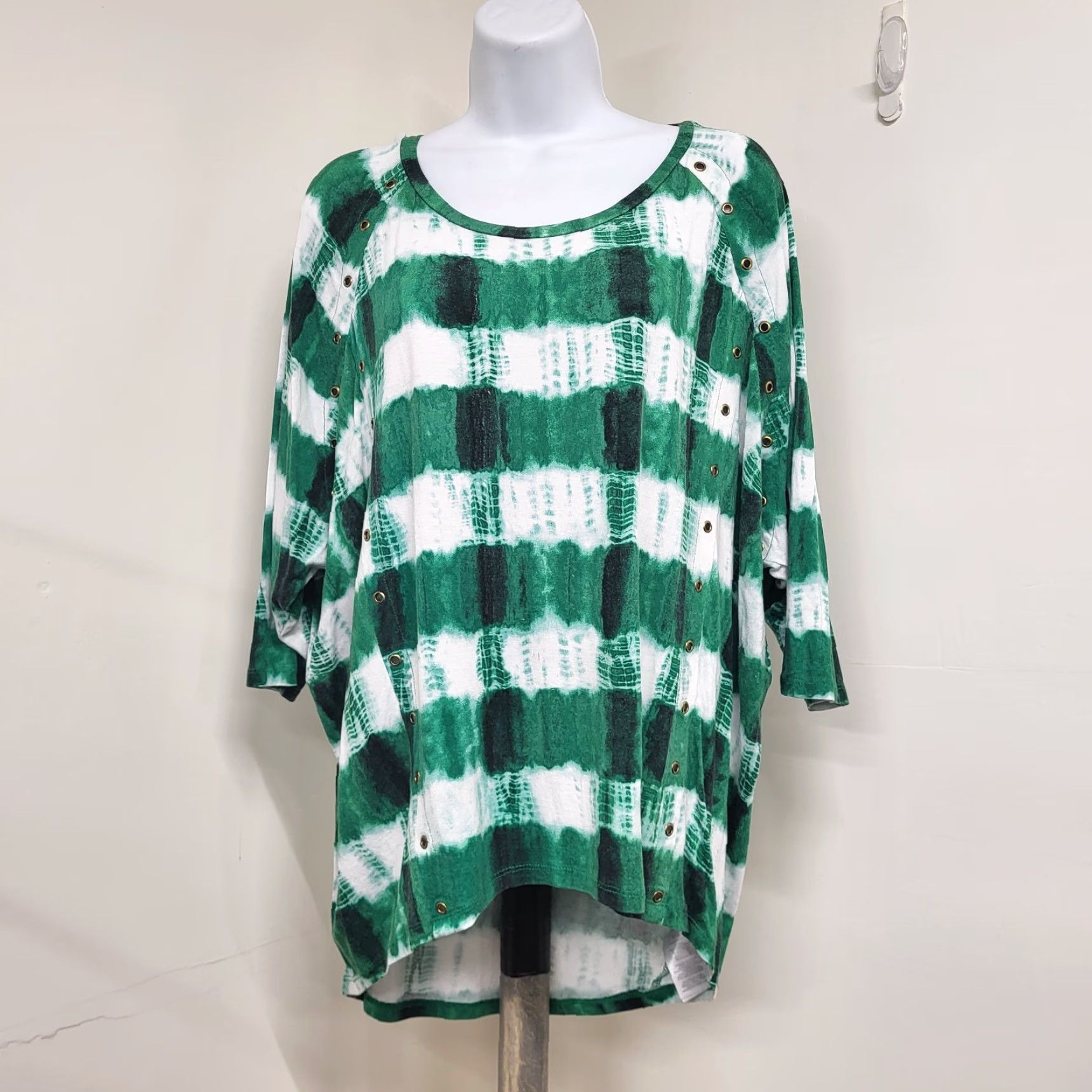 Michael Kors Michael Kors Blouse Women's Size M Knit Top 3/4 Sleeve Hi Low Tie-Dye Green Multi-Color Geometric Pattern Size M / US 6-8 / IT 42-44 - 5 Thumbnail