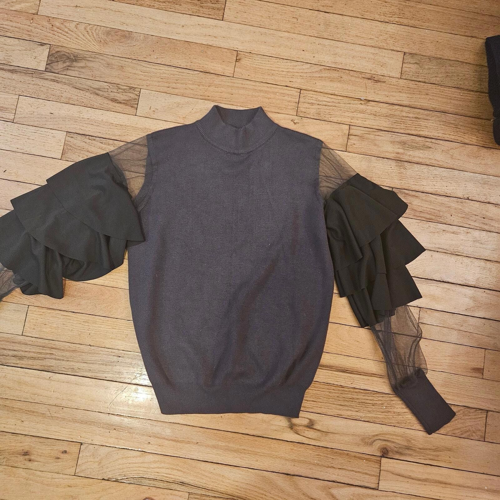 Fashion Nova Fashion Nova Ruffle Sleeve Mesh Sweater Size S Gray Size S / US 4 / IT 40 - 5 Thumbnail