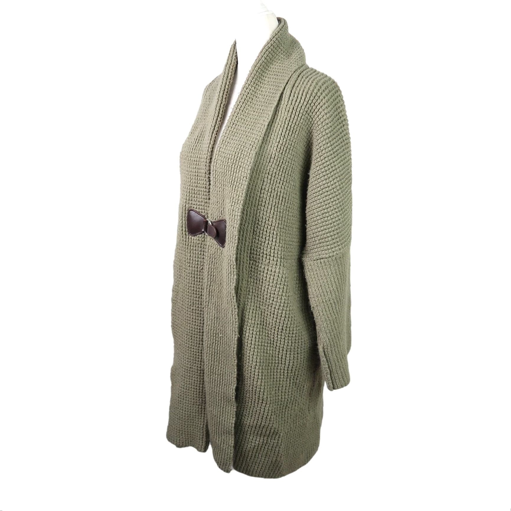 Soft Surroundings Soft Surroundings Cardigan Sweater Olive Green Waffle-Knit Long Sleeve Pockets S Women Adult Regular Casual Knit 34" Length Size S / US 4 / IT 40 - 3 Thumbnail