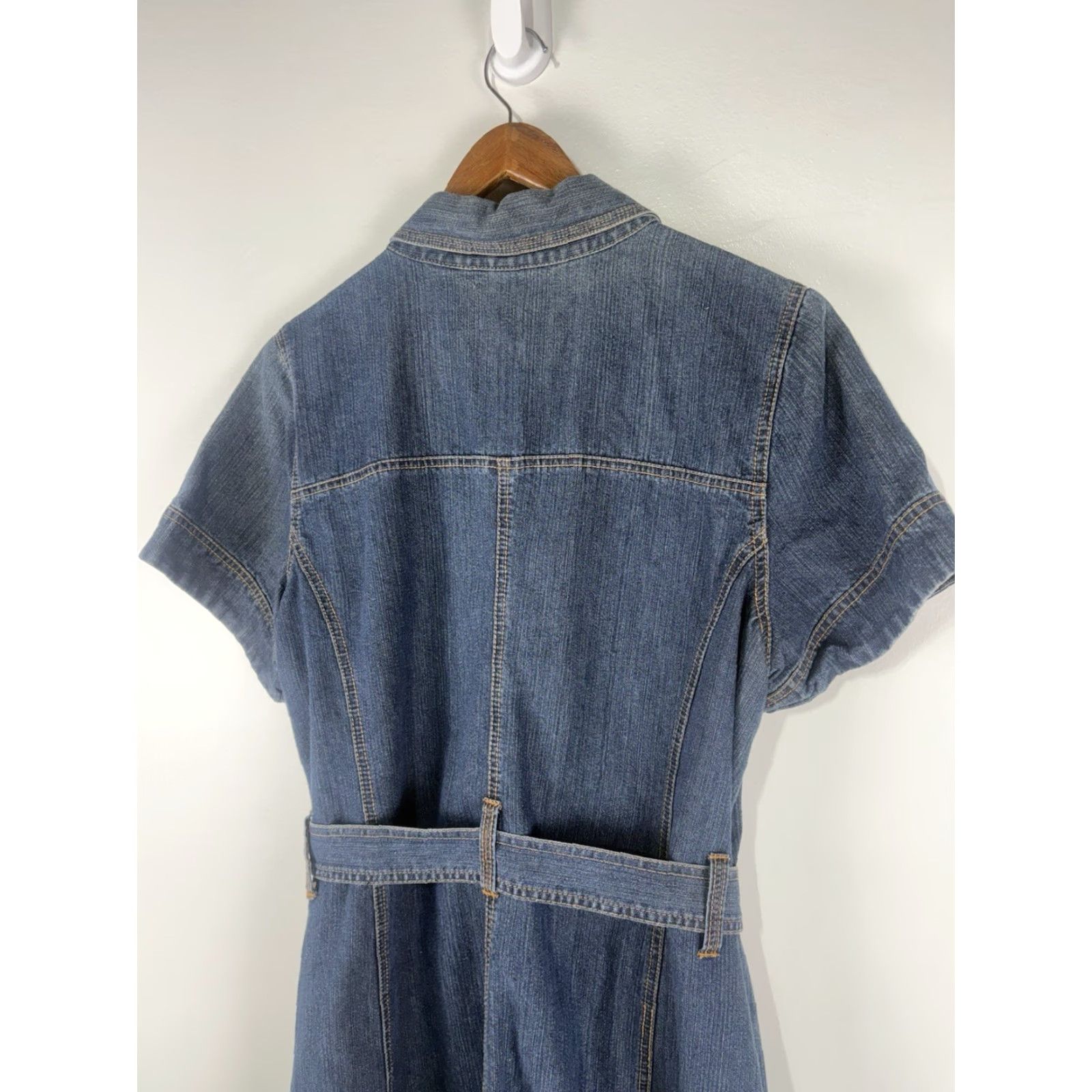 Avenue Avenue Jeans Dk Wash Maxi Dress Womens Size 16 Button Denim Cotton Polyester Belted Pockets Short Sleeve Collared Blue Retro 90s Classic Long Sleeve? Size 38" / US 16 / IT 52 - 5 Thumbnail