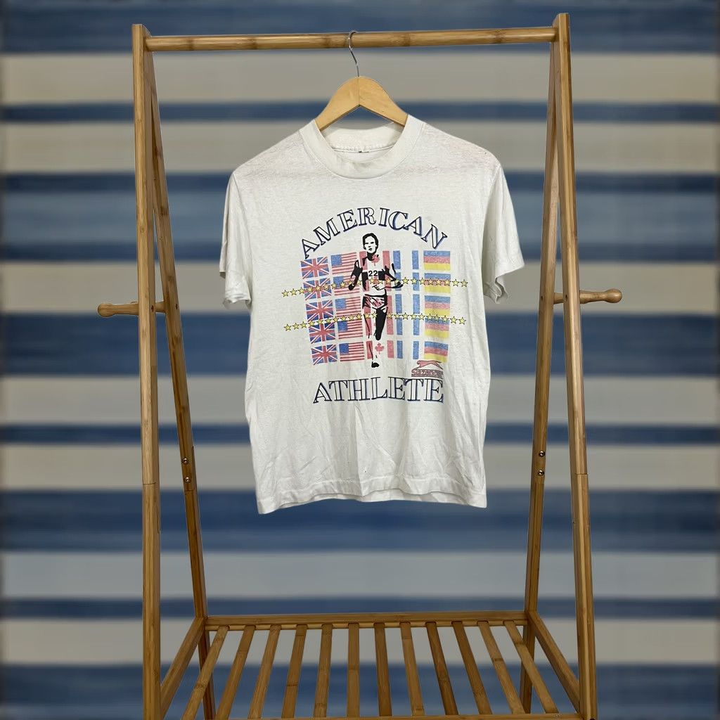 Vintage VTG 80s Slazenger American Athlete Runner Marathon Burn Out Paper Thin T-Shirt M White Short Sleeve Mens Size US M / EU 48-50 / 2 - 1 Thumbnail