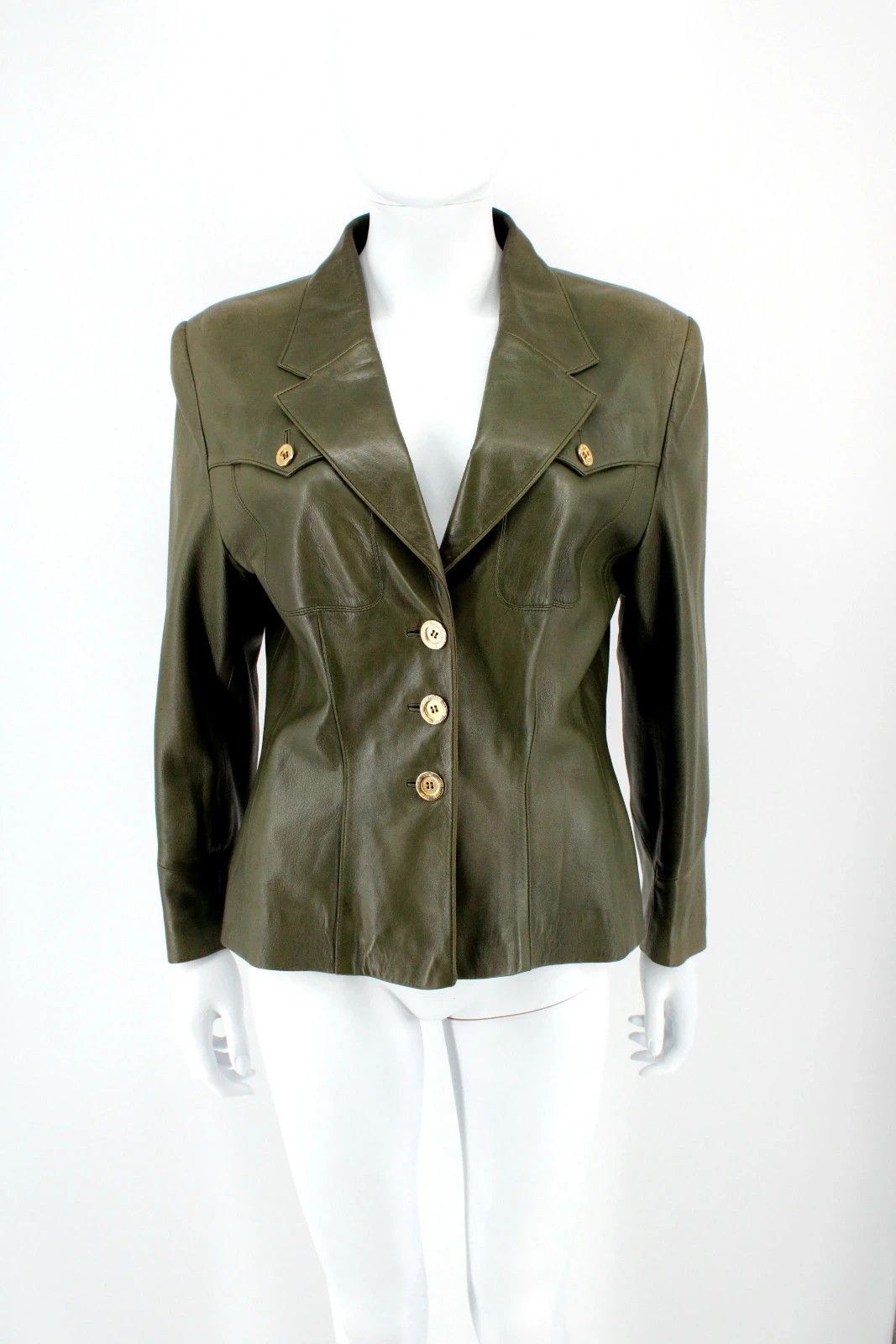 image of Vintage Loewe Military Leather Avant-Garde Jacket in Khaki, Women's (Size Large)