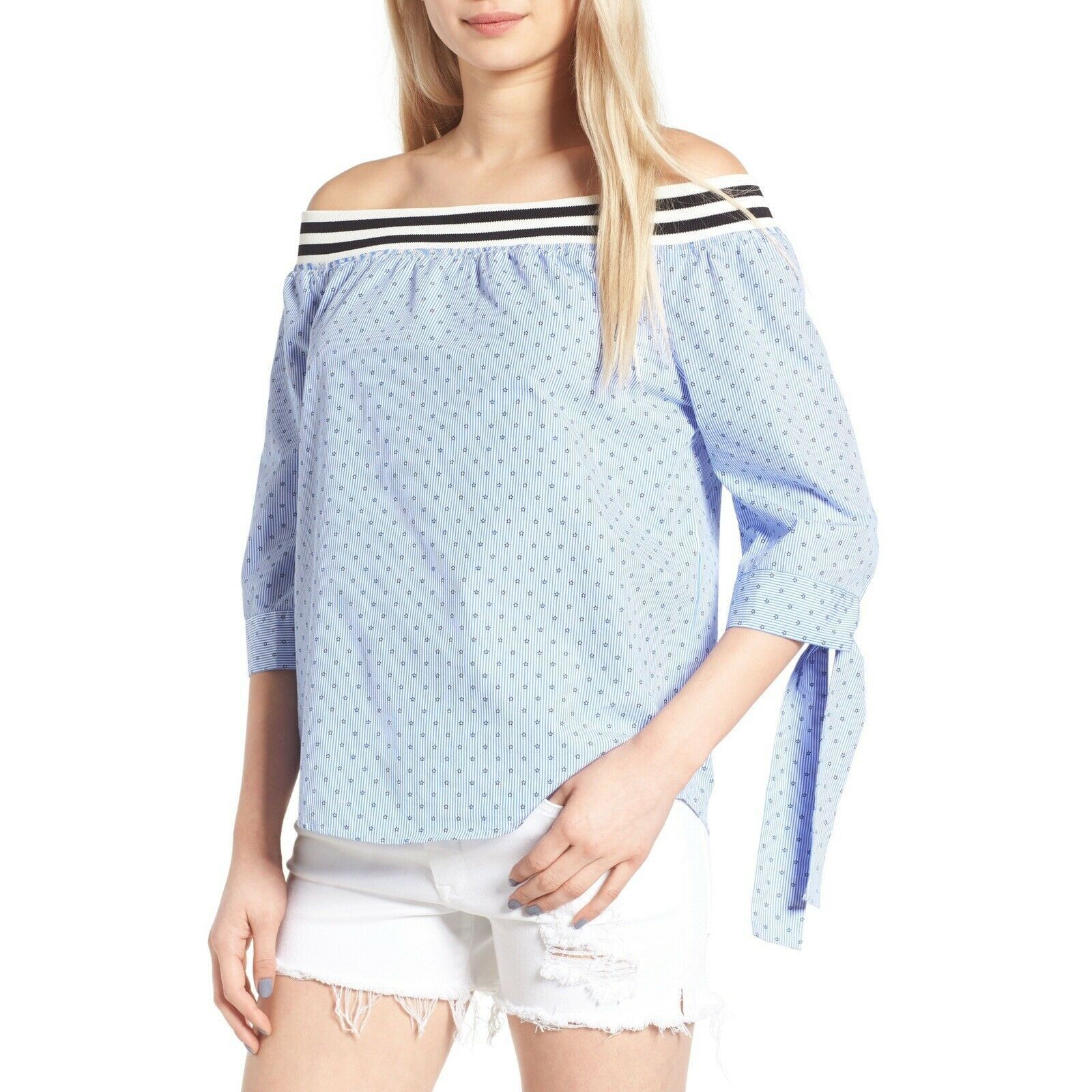 BLANKNYC BLANKNYC Stars Blue Off The Shoulder Top - Size Large Size L / US 10 / IT 46 - 1 Thumbnail