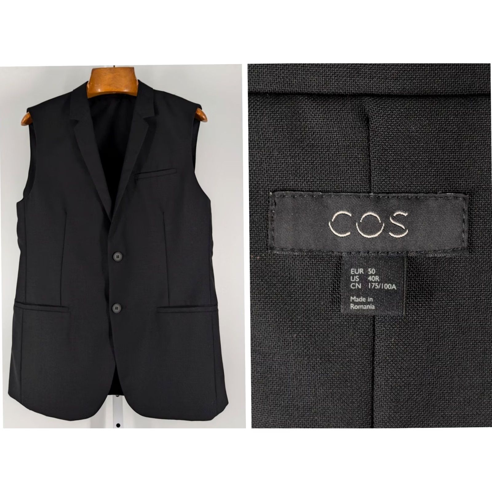 Cos COS Sleeveless Blazer Vest Mens Black Wool 40R 50 Two-Button Front Regular Length Blazer Vest Size 40R - 2 Thumbnail