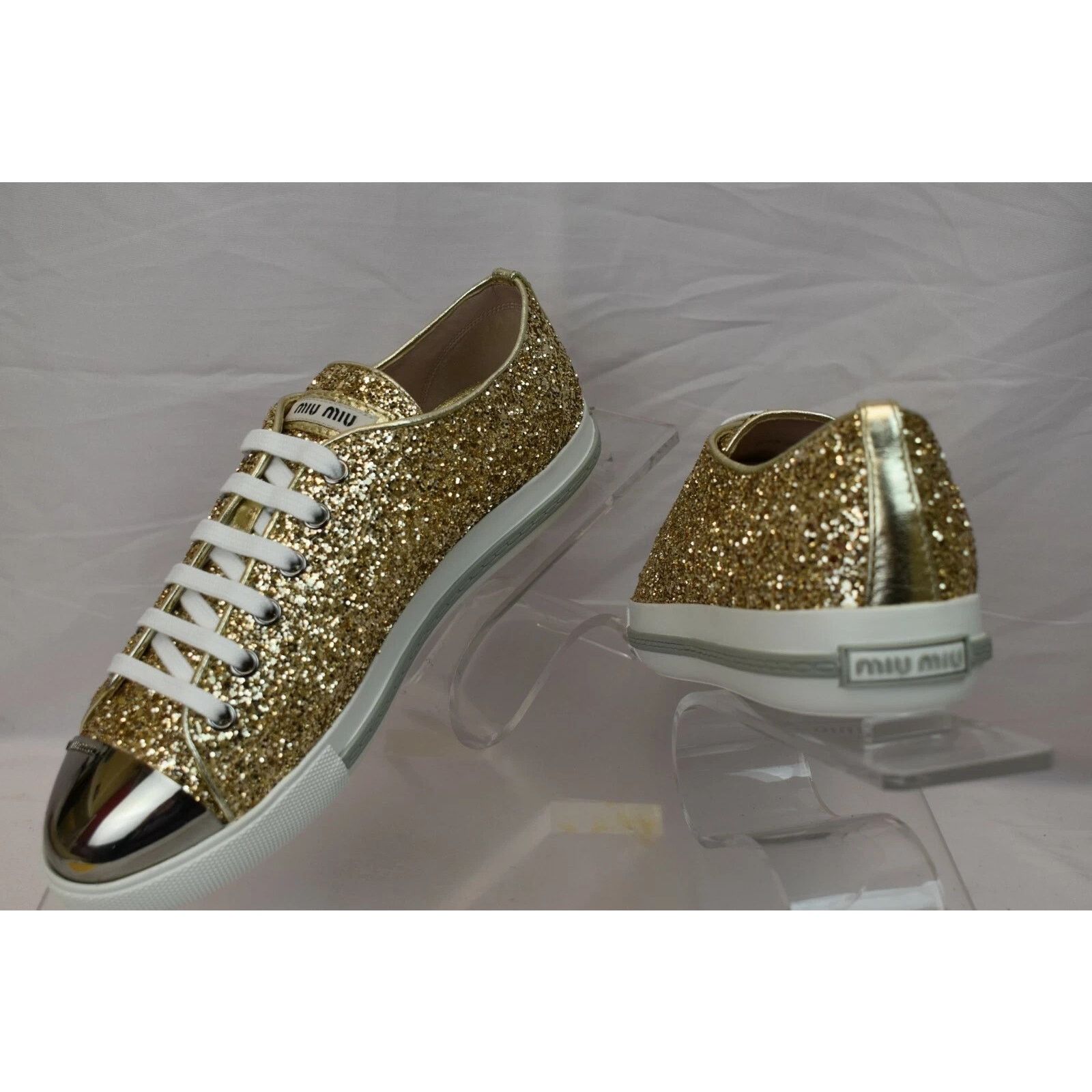 Miu Miu MIU MIU PRADA 5E8998 GOLD GLITTER METAL LOGO SNEAKERS 40.5 Size US 10.5 / IT 40.5 - 7 Thumbnail