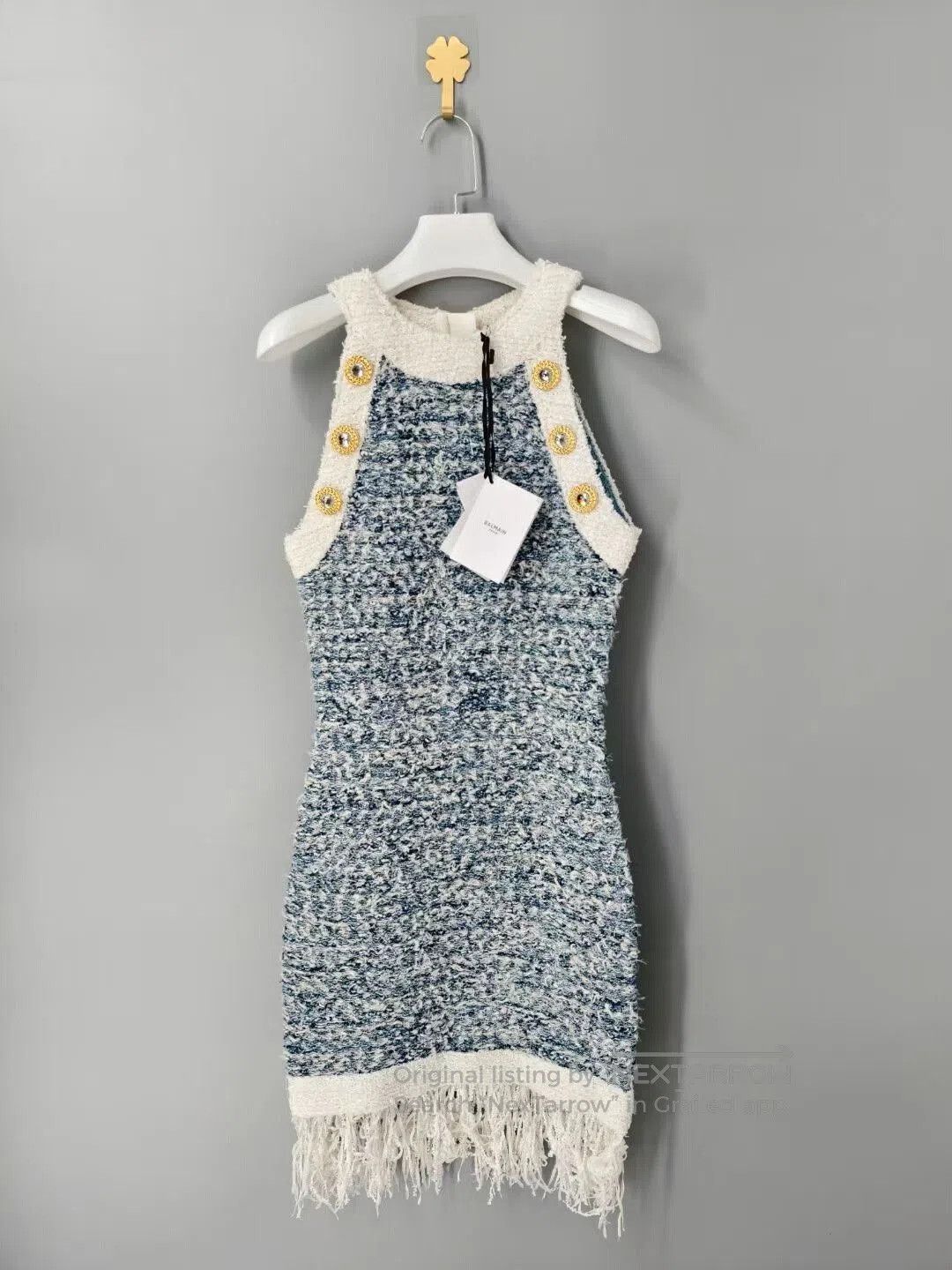 Balmain fringed denim tweed dress with buttons. Size US 36 / EU 52 - 1 Thumbnail