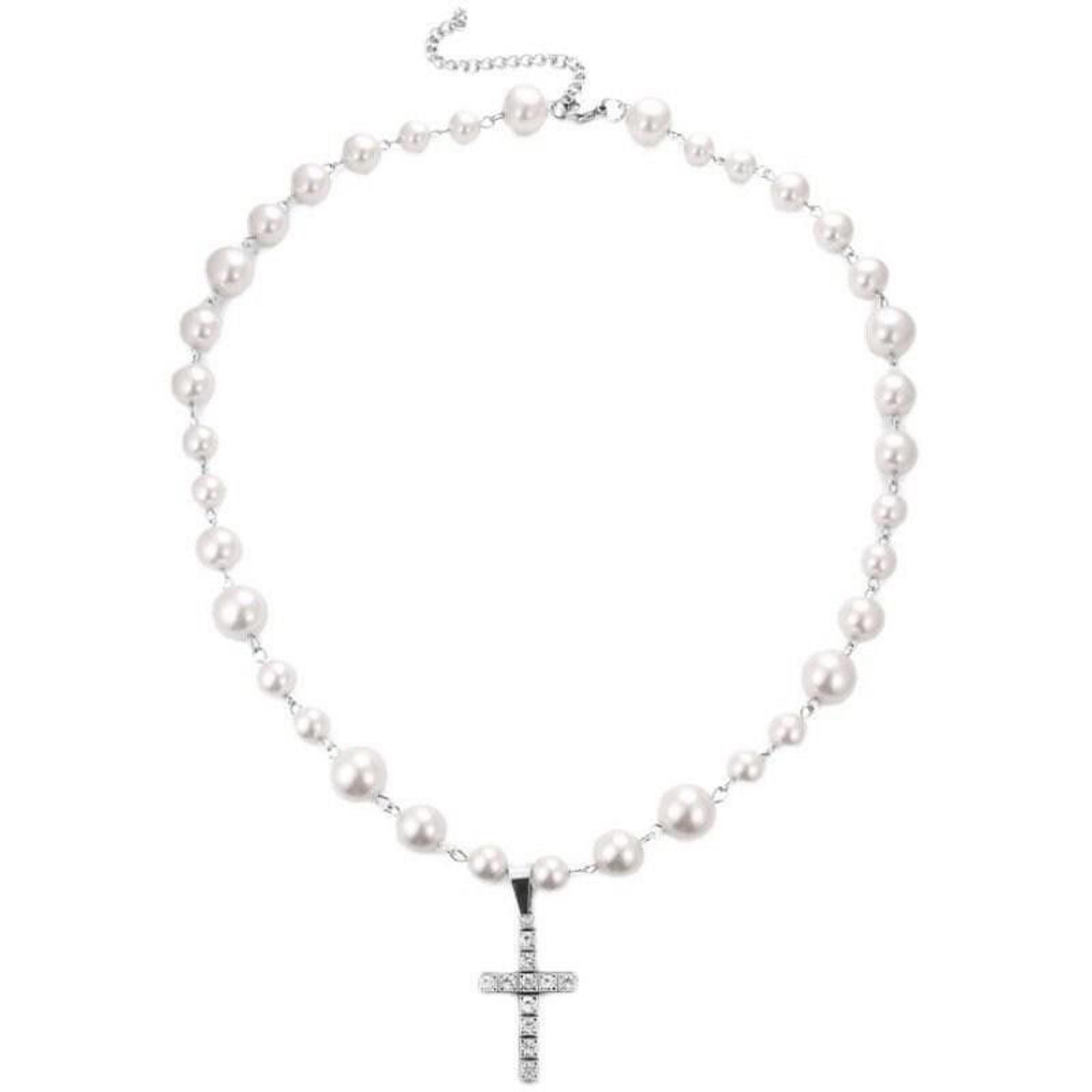 Jewelry Rhinestone Cross Pearl Pendant Necklace Size ONE SIZE - 4 Thumbnail