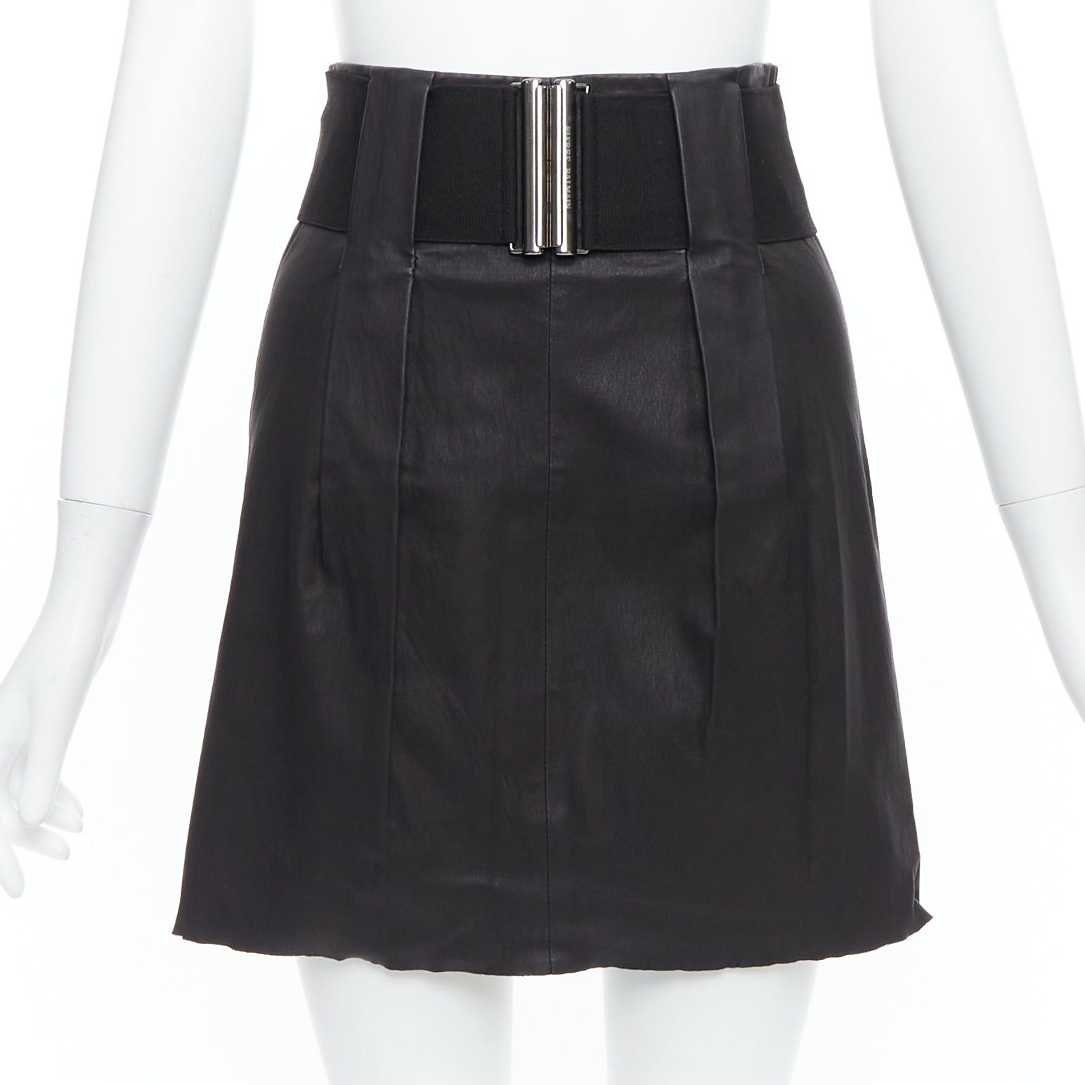 Pierre Balmain PIERRE BALMAIN Vintage black leather wide logo elastic belted A-line skirt FR38 M Size 28" / US 6 / IT 42 - 1 Thumbnail