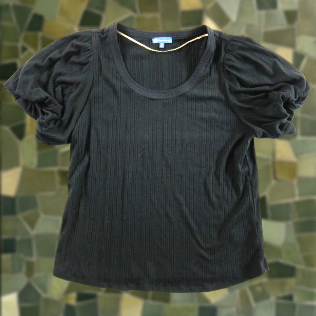 Vintage NWT Democracy Black Cotton Ribbed Jersey Puff Sleeve Round Neck Top Blouse XL Size XL / US 12-14 / IT 48-50 - 1 Thumbnail