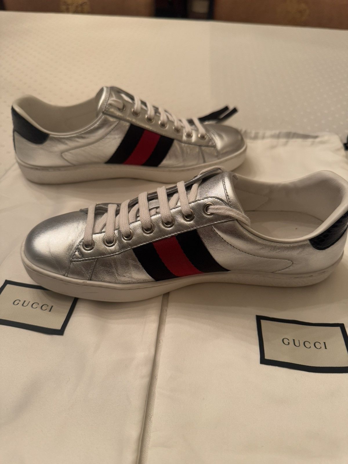 Gucci Silver Red+Blue Stripe Ace Sneaker w/ Python Size US 7.5 / EU 40-41 - 4 Thumbnail