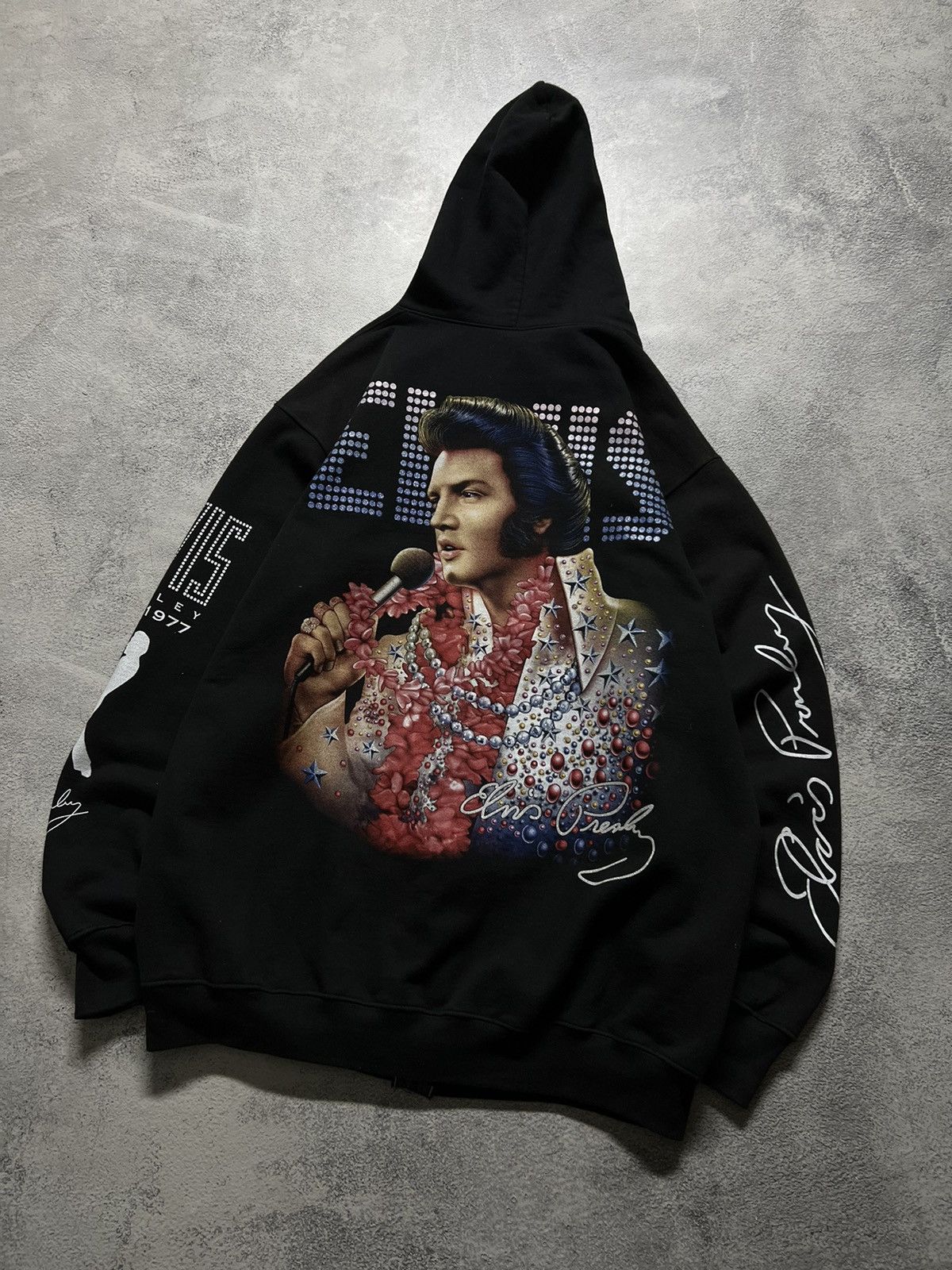 Band Tees × Vintage Vintage Elvis Presley 🖤 Faded All Over Print Zip Hoodie 90’s Size US XL / EU 56 / 4 - 1 Thumbnail