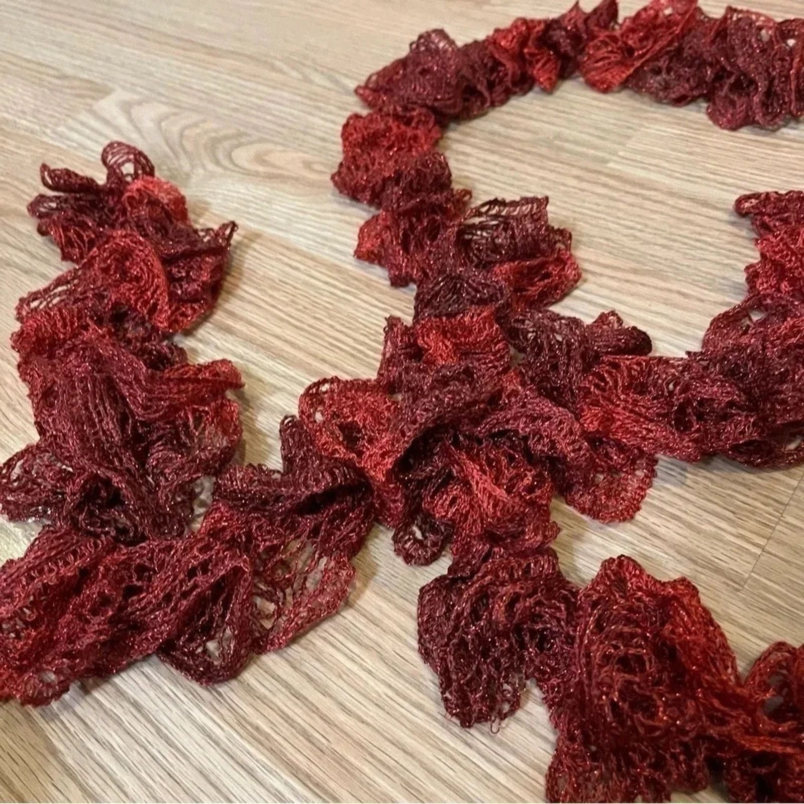 Handmade Fashion Handmade Crochet Ruffle Lace Scarf Red Extra Long Size ONE SIZE - 3 Thumbnail