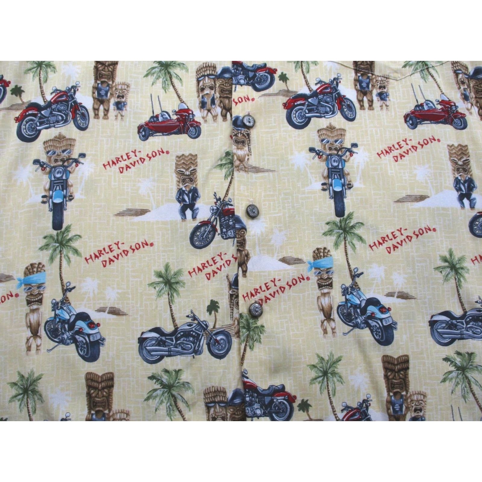 Harley Davidson Harley-Davidson Shirt Mens M Hawaiian Tiki Motorcycle Palm Tree Aloha Rayon USA Yellow Graphic Print Casual VintageSummer 70s? Size US M / EU 48-50 / 2 - 4 Thumbnail