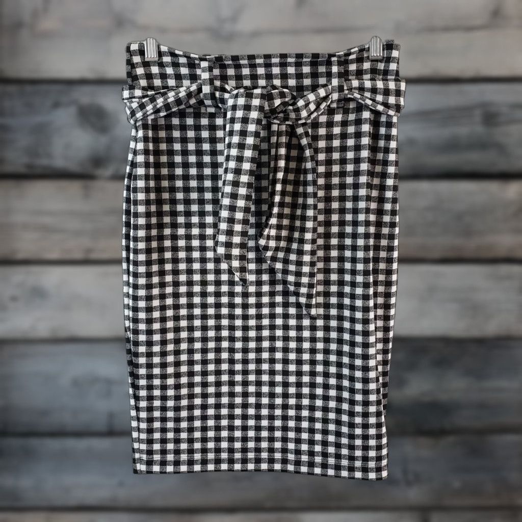 Vintage Maeve Womens Tie Waist Pencil Skirt Sz Small Black White Gingham Contrast Check Knee Length Size 28" / US 6 / IT 42 - 1 Thumbnail
