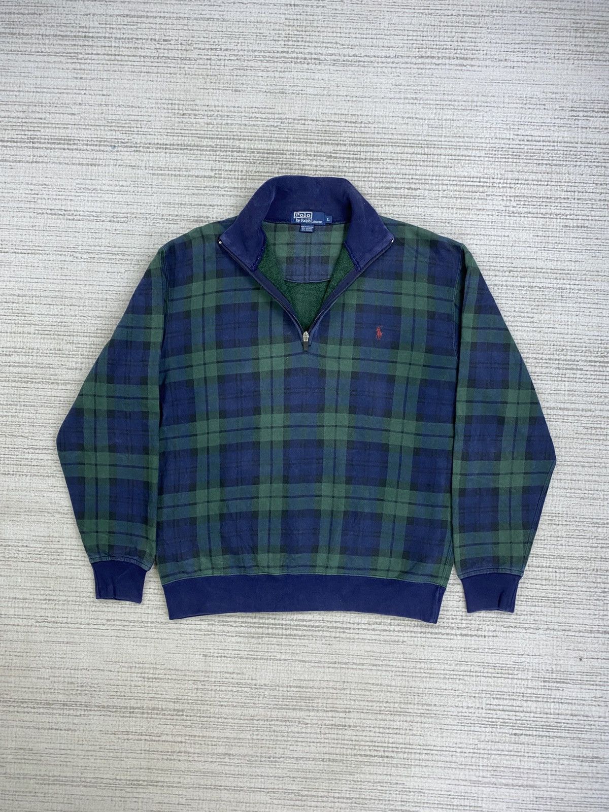 Japanese Brand × Polo Ralph Lauren × Vintage Vtg Polo Ralph Lauren Green Plaid Jacquard Halfzipper Jacket Size US L / EU 52-54 / 3 - 6 Thumbnail