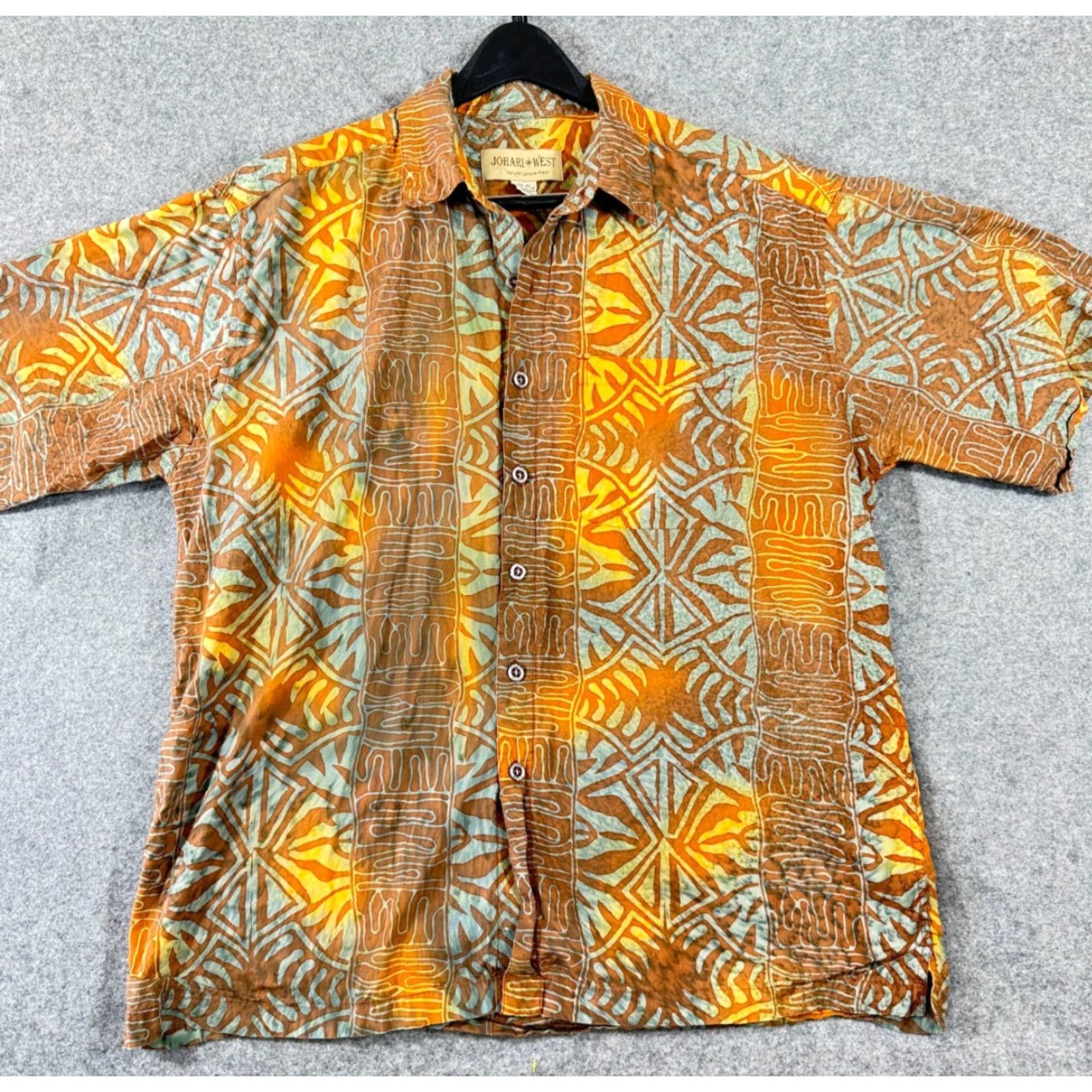 Vintage Johari West Leisure Shirt Mens XL Gold Blue Batik Print Hawaiian Short Sleeve Shirt Boys? Size US XL / EU 56 / 4 - 2 Thumbnail