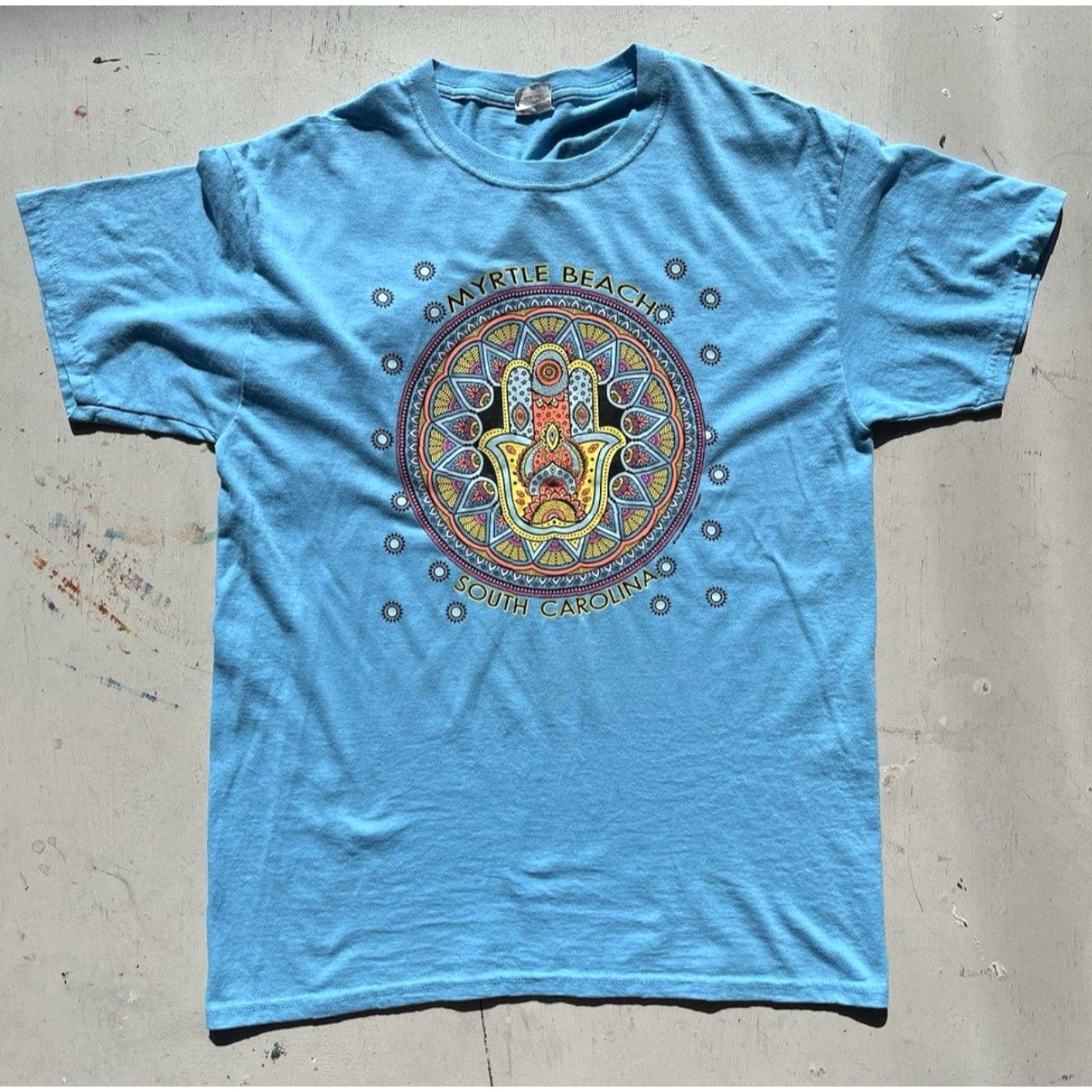 Jerzees VINTAGE Jerzees T-Shirt Turquoise Logo Myrtle Beach SC 80s 90s Men’s M Cotton Blend Embroidered Logo Graphic Circle Mythical Beach Size US M / EU 48-50 / 2 - 2 Thumbnail