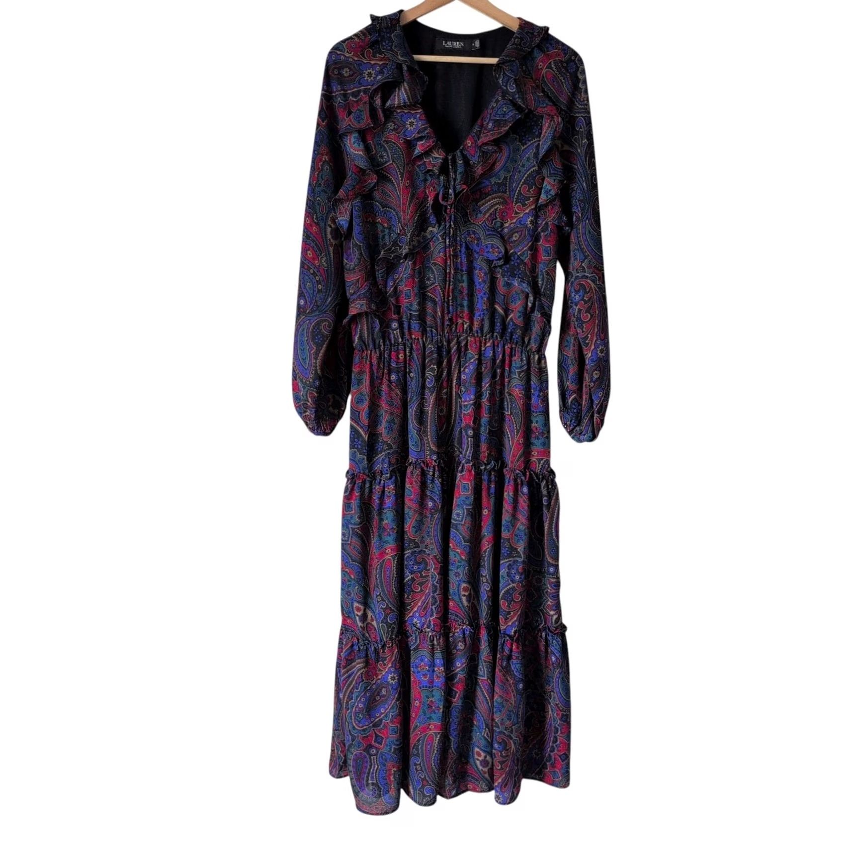 Ralph Lauren VINTAGE Ralph Lauren Maxi Dress 6 Blue Red Print Paisley Georgette Long-Sleeve Womens Girls Size M / US 6-8 / IT 42-44 - 2 Thumbnail