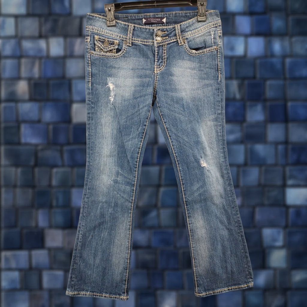 Vintage VIGOSS Bootcut Jeans Flap Pocket Embroidered Thick Stitch Size 5 Blue Womens Jeans Size 27" / US 4 / IT 40 - 1 Thumbnail