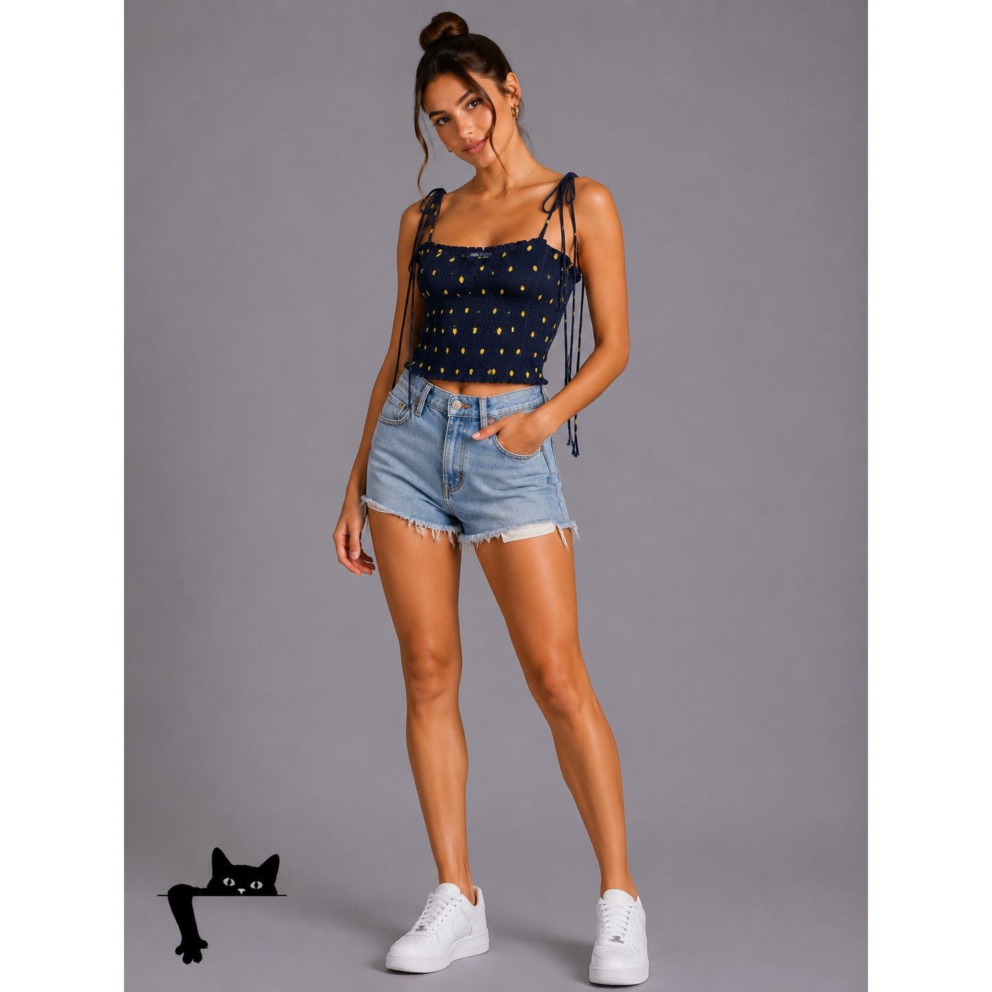 Zara Zara Navy & Yellow Polka Dot Smocked Tube Top XS Size XS / US 0-2 / IT 36-38 - 2 Thumbnail