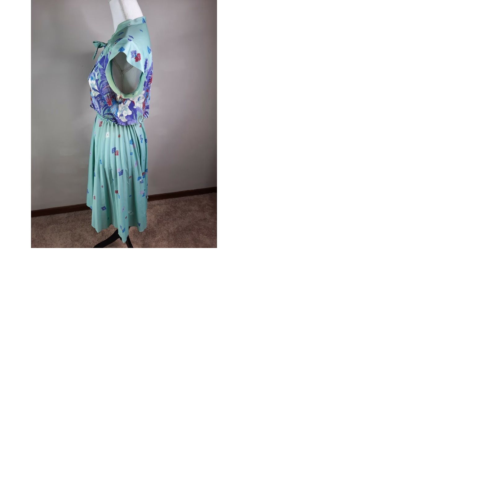 Altea Vintage Teal Mod Dress A-Line Hawaiian Floral M As Is - 60s 70s, Long Sleeve, Round Neck, Polyester, Knee Length, Casual Womens Vintage 60s 70s Size M / US 6-8 / IT 42-44 - 9 Thumbnail