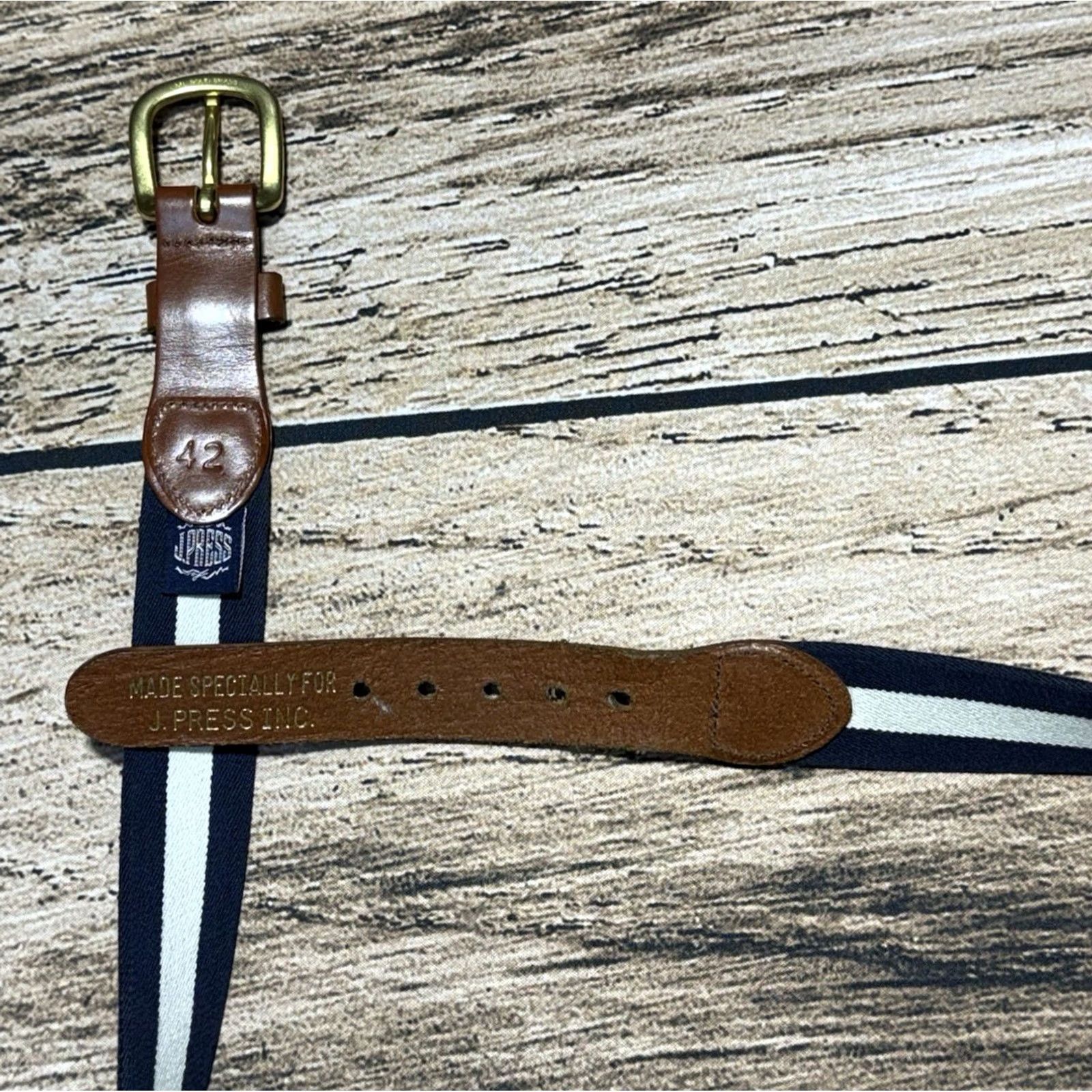 Vintage J Press Belt Mens 42 Brown Canvas Leather Blue White Striped Brass Buckle Adjustable Regular US University Preppy Size 42 - 3 Thumbnail