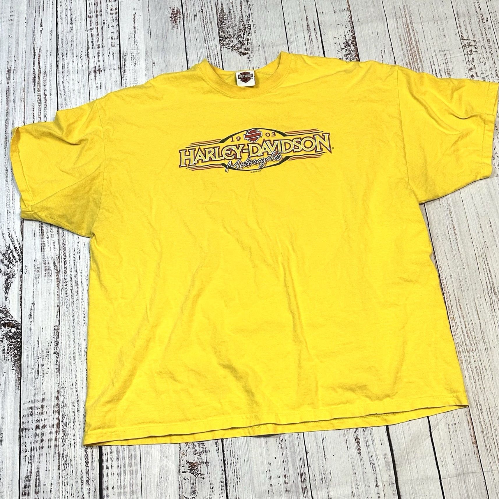 Harley Davidson Harley-Davidson American Legend Tee Shirt Mens 3XL Yellow Pinup Girl in Mines with Pick Ax USA Made 2008 Size US XXL / EU 58 / 5 - 3 Thumbnail