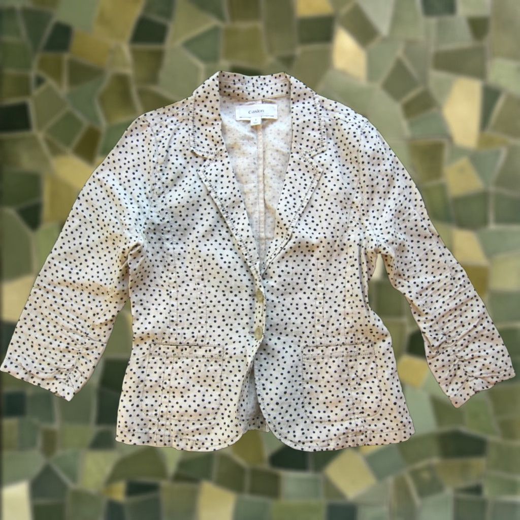 Vintage Caslon Blazer Woman S 3/4 Sleeve Ivory Linen Polka Dot Pocket Jacket Small Size S / US 4 / IT 40 - 1 Thumbnail