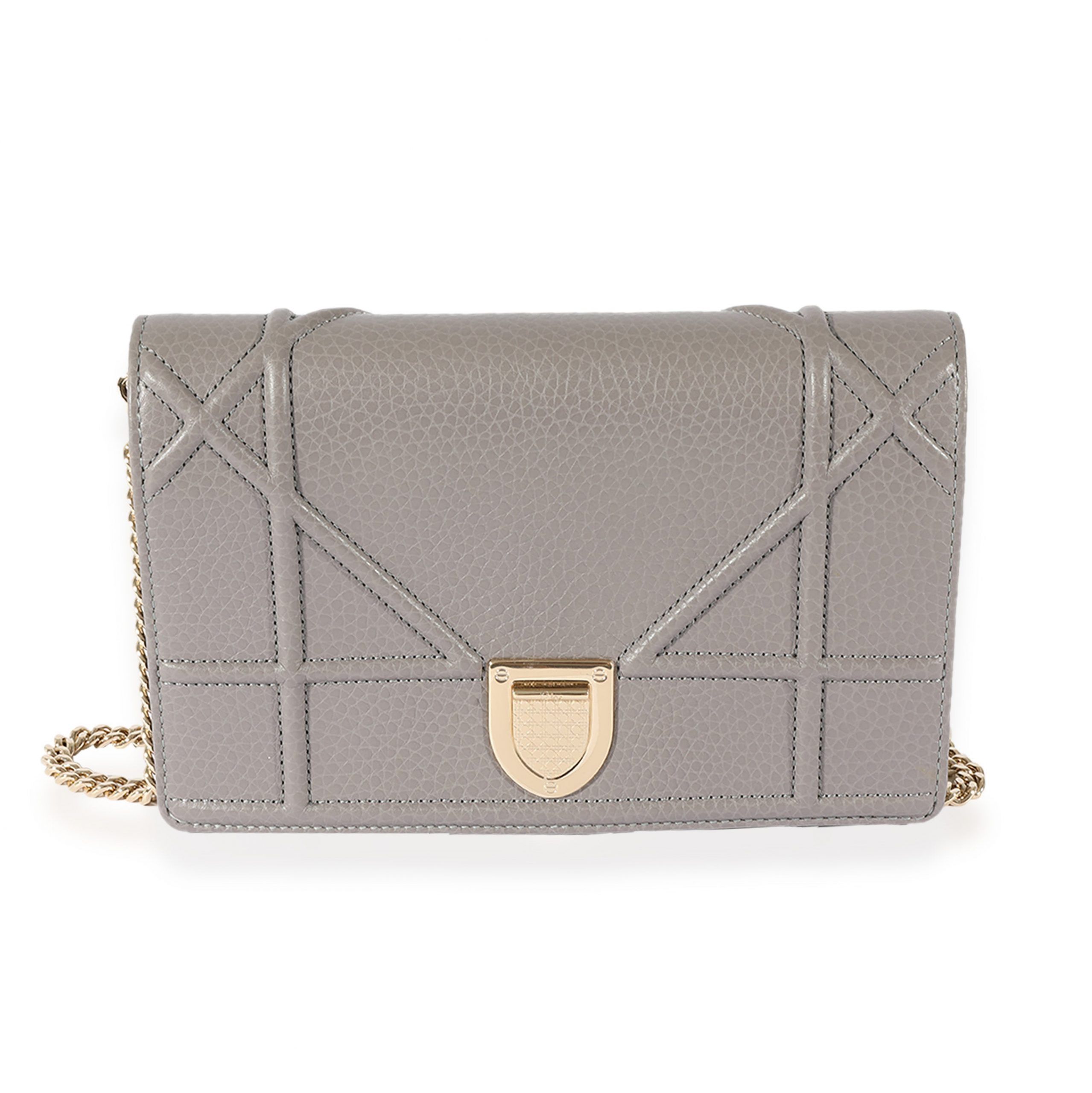 image of Dior Grey Pebbled Leather Diorama Chain Wallet, Women's
