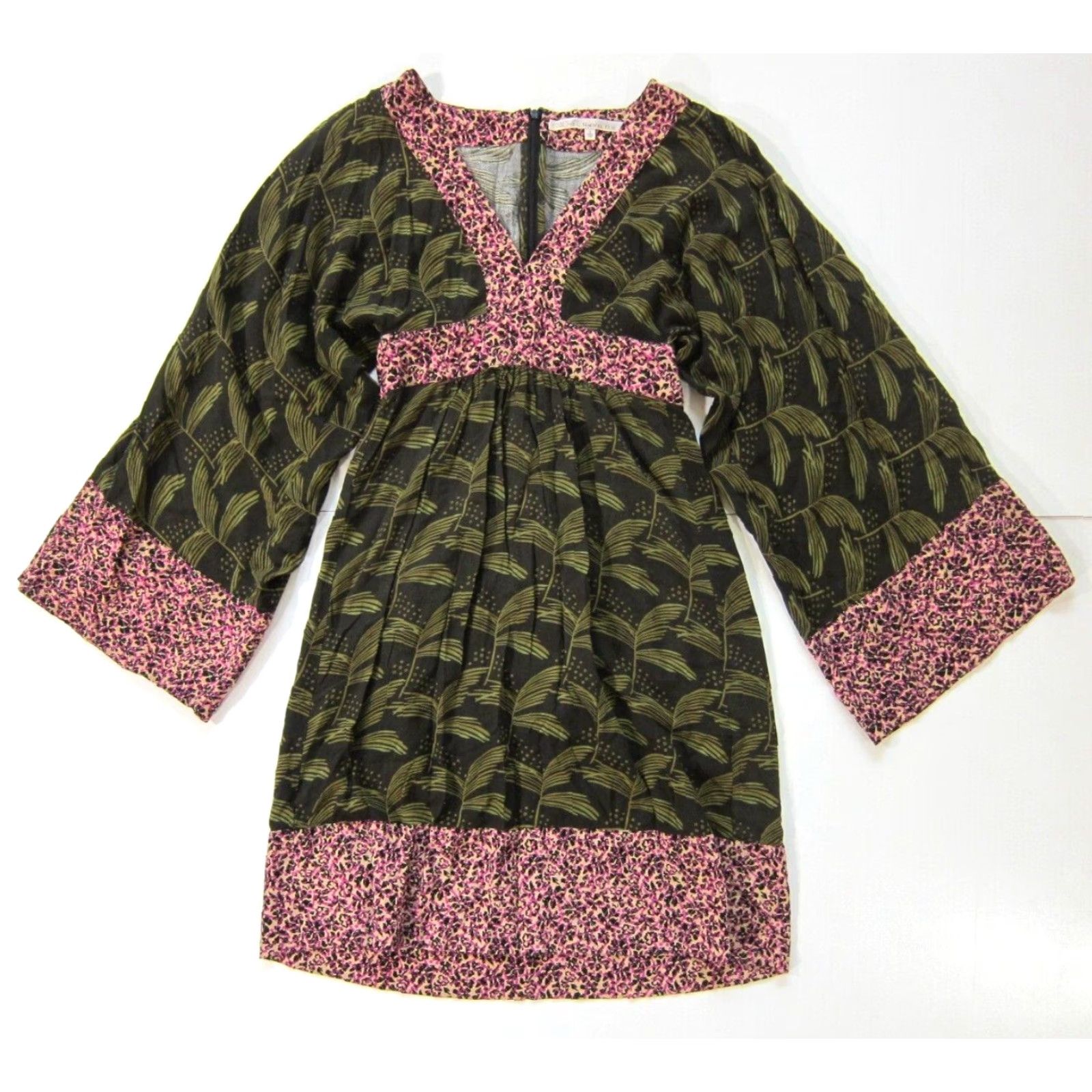 Pinko Rachel Roy Floral 100% Rayon Green Pink V-Neck Empire Dress Long Flare Sleeve Knee Length Women 2 Size XS / US 0-2 / IT 36-38 - 2 Thumbnail