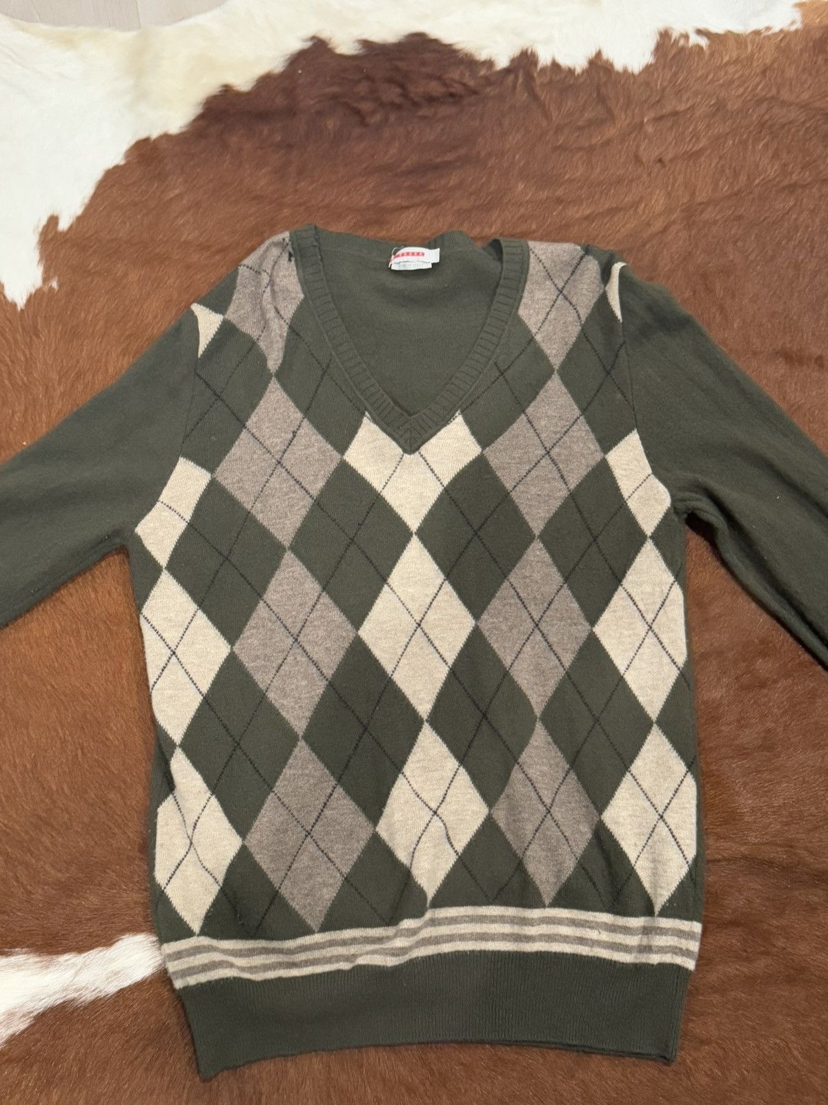 Designer × Prada Green & Khaki Prada Argyle Knit Sweater Size US L / EU 52-54 / 3 - 1 Thumbnail