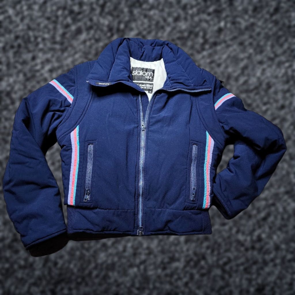 Rainbow VINTAGE Slalom 80s Goose Down Ski Jacket Size 12 Blue Rainbow Stripe Teens Size XL / US 12-14 / IT 48-50 - 1 Thumbnail