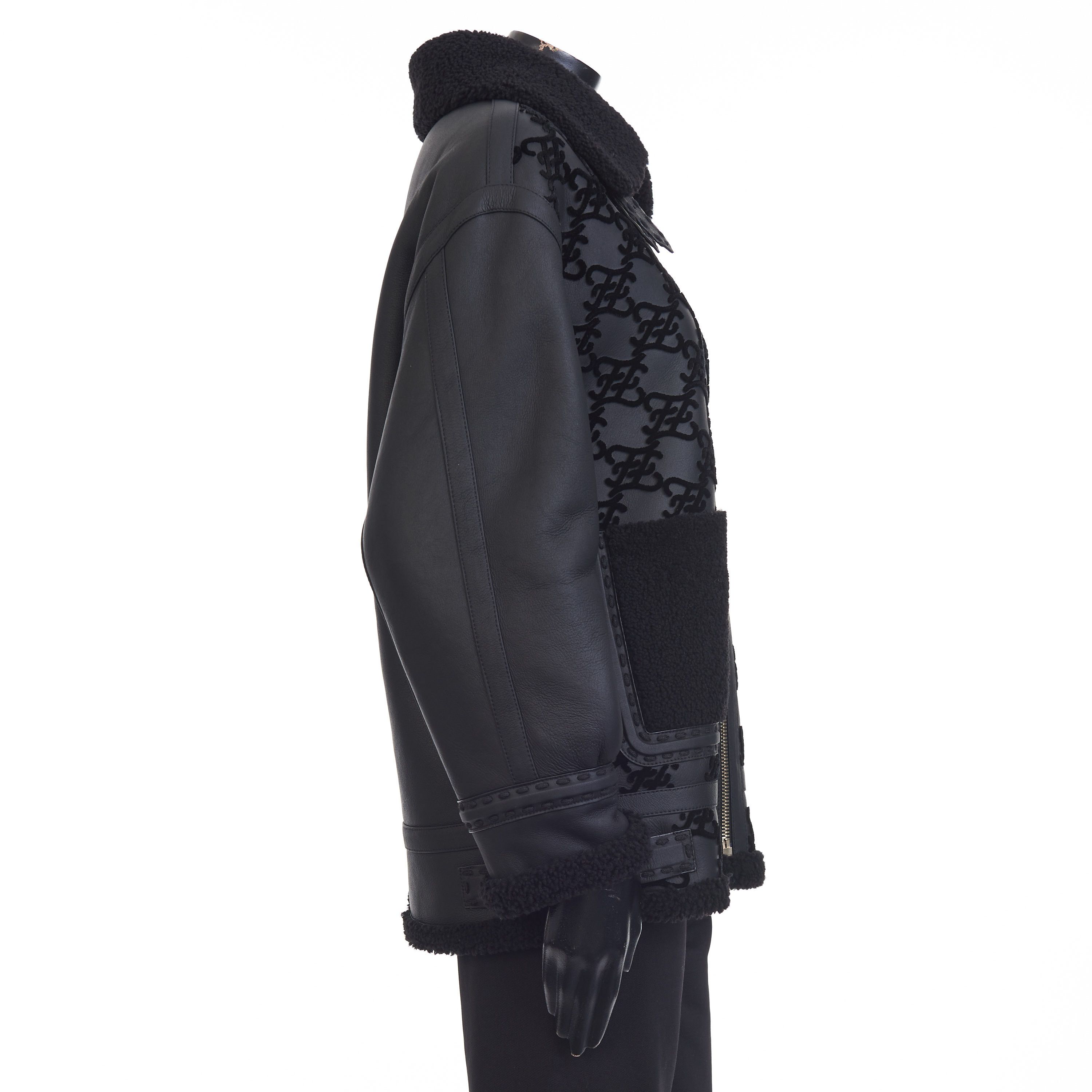Fendi Black Shearling Jacket - Aviator Style, FF Karligraphy Motif Size M / US 6-8 / IT 42-44 - 8 Thumbnail