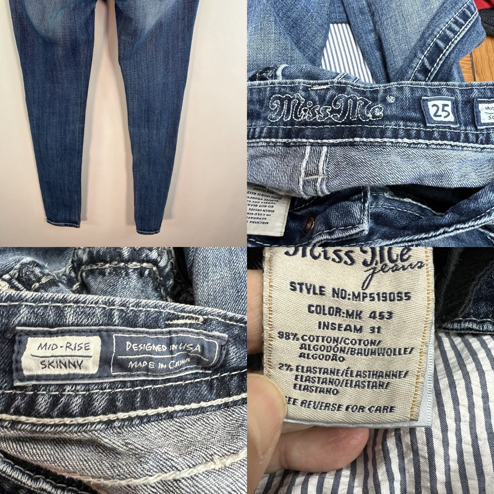 Miss Me Miss Me Midrise Skinny Jeans Women's Size 25 28x31 Blue Distressed Embellished Slim Fit Size 42" / US 20 - 8 Thumbnail