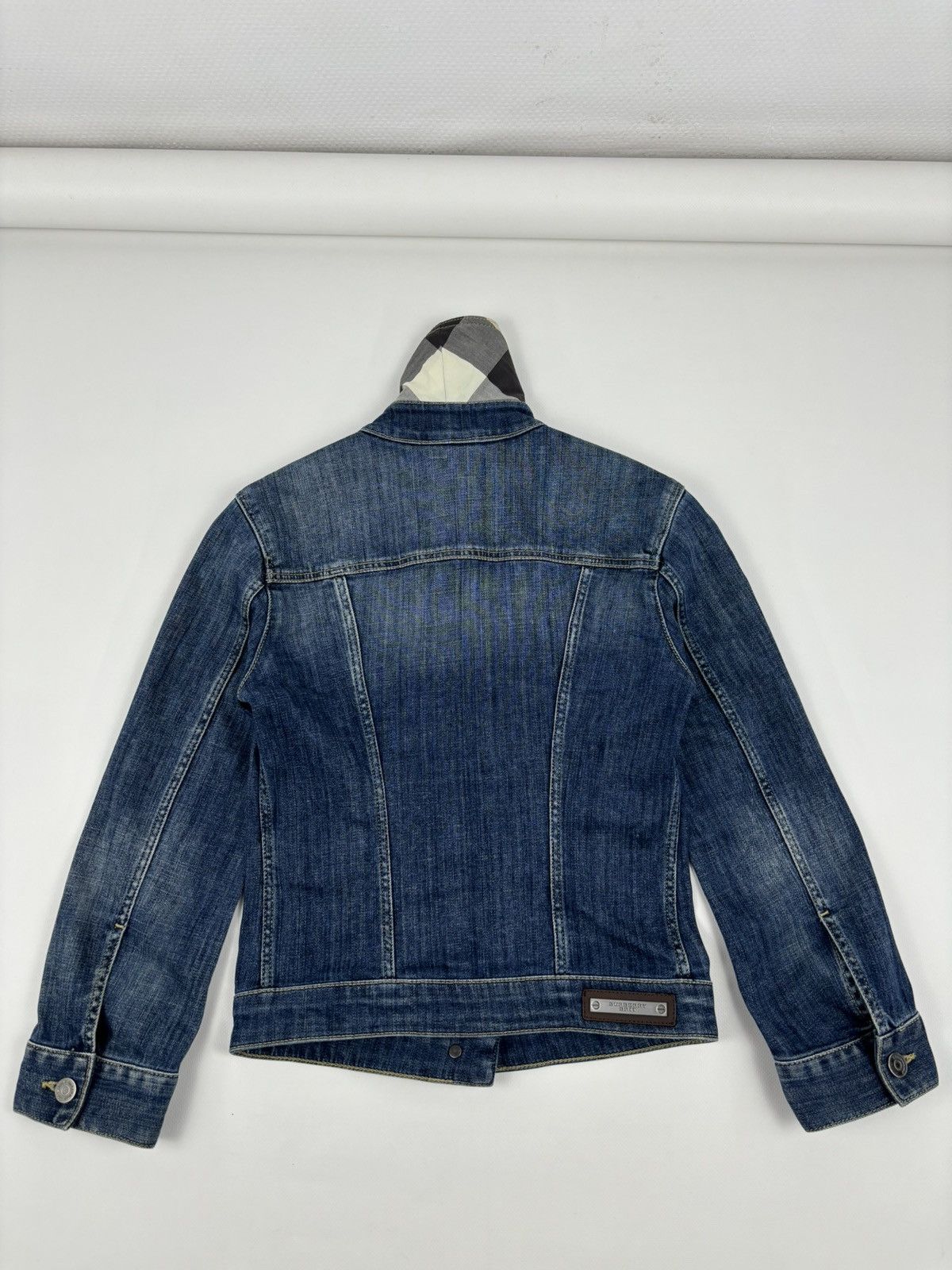 Burberry BRIT Nova Check Trim Denim Blue Trucker Buttons Jacket Jean Crop Bomber Size S / US 4 / IT 40 - 9 Thumbnail
