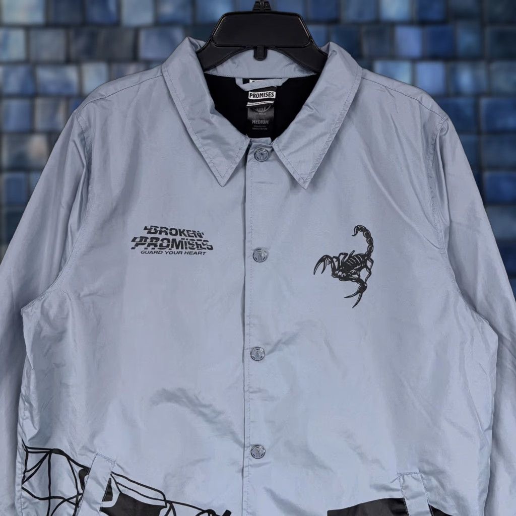 Broken Promises Co. VINTAGE Broken Promises Coach Jacket Mens M Gray Guard Your Heart Scorpion Graphic Windbreaker Snap Front Size US M / EU 48-50 / 2 - 1 Thumbnail