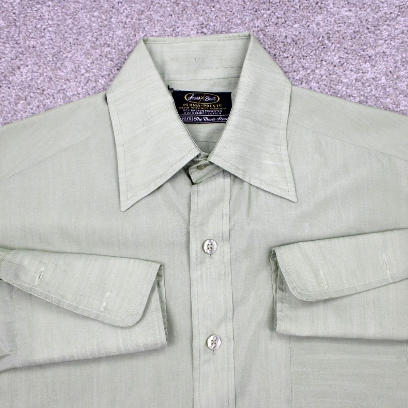 Sears Vintage Sears Mens 15 1/2 Green Dress Shirt L/S 33 1980s Perma-Prest Cotton Blend Size 40R - 2 Thumbnail