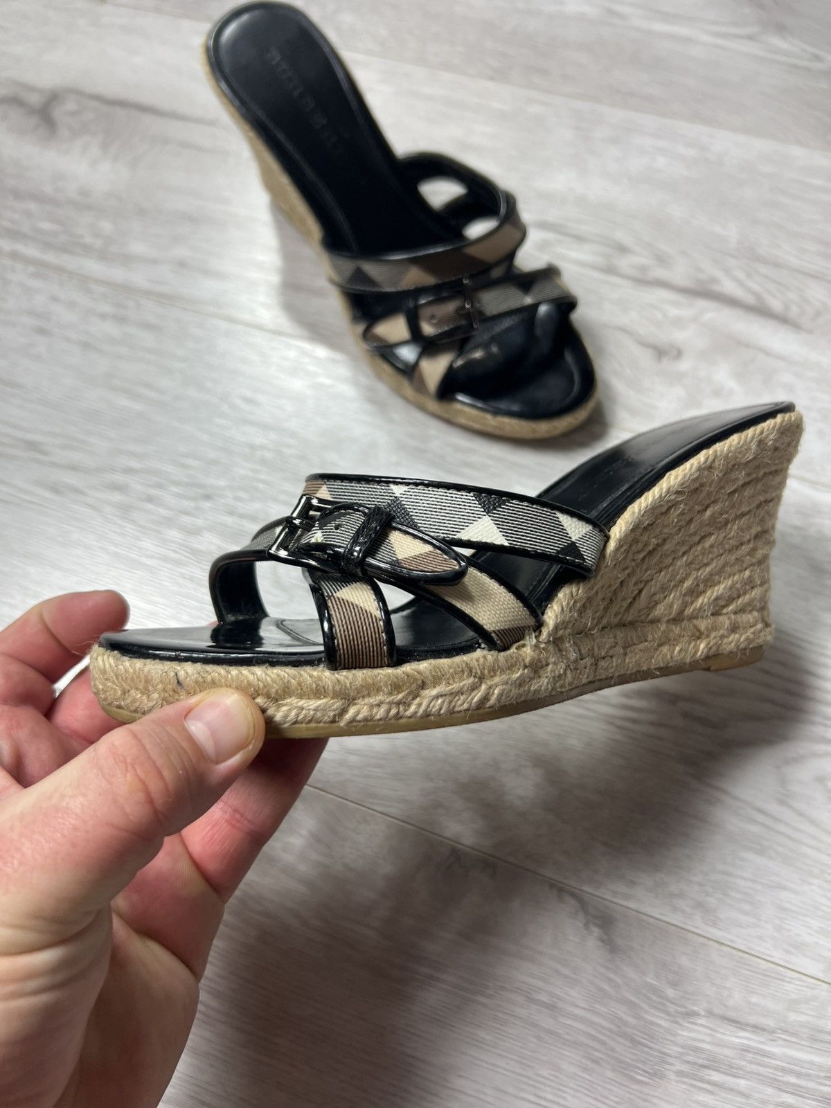 Burberry Women’s Nova Check Leather Wedge Espadrille Sandals