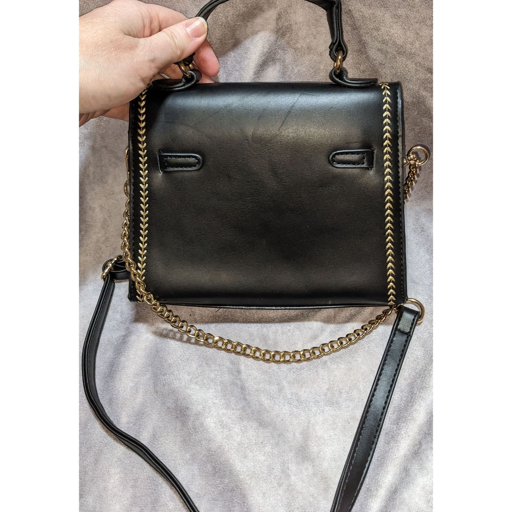 Other Black Faux Leather Satchel With Gold Stitching & Chain Strap Size ONE SIZE - 4 Thumbnail