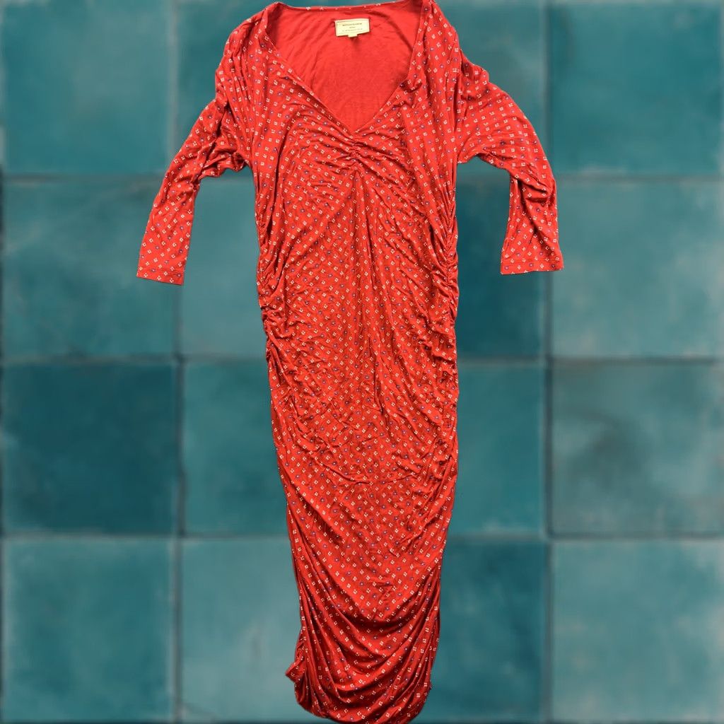 Vintage Moulinette Soeurs Dress Womens XL Red V-Neck Ruched Bodycon Long Anthropologie Dress Size XL / US 12-14 / IT 48-50 - 1 Thumbnail