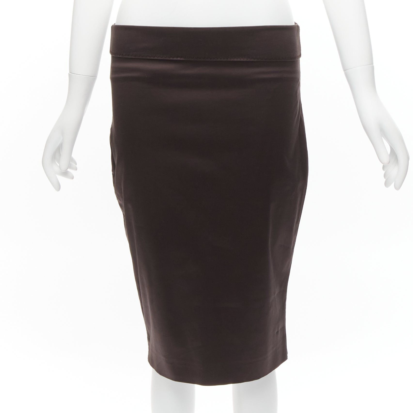 GUCCI brown silky texture zigzag topstitch flap waistband pencil knee skirt IT42 M