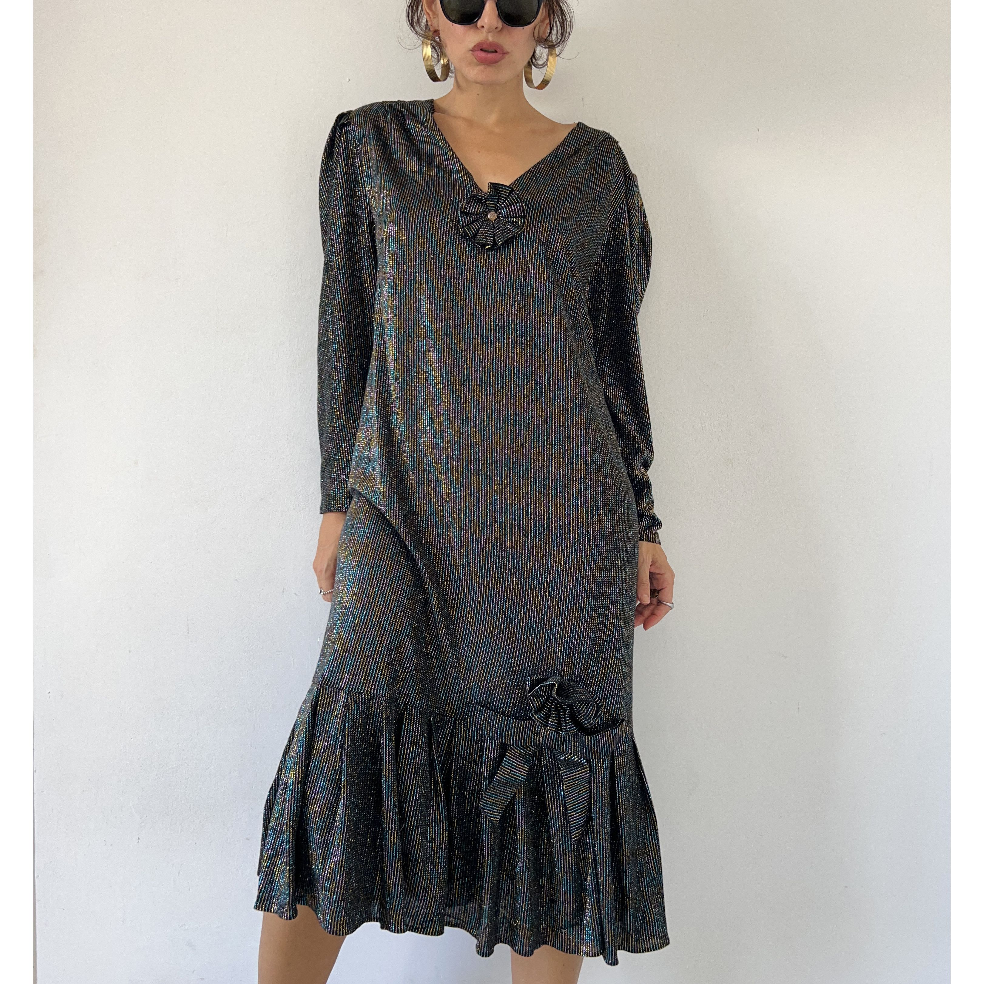 Vintage 80s Black Shimmer Party Dress Size XL / US 12-14 / IT 48-50 - 4 Thumbnail