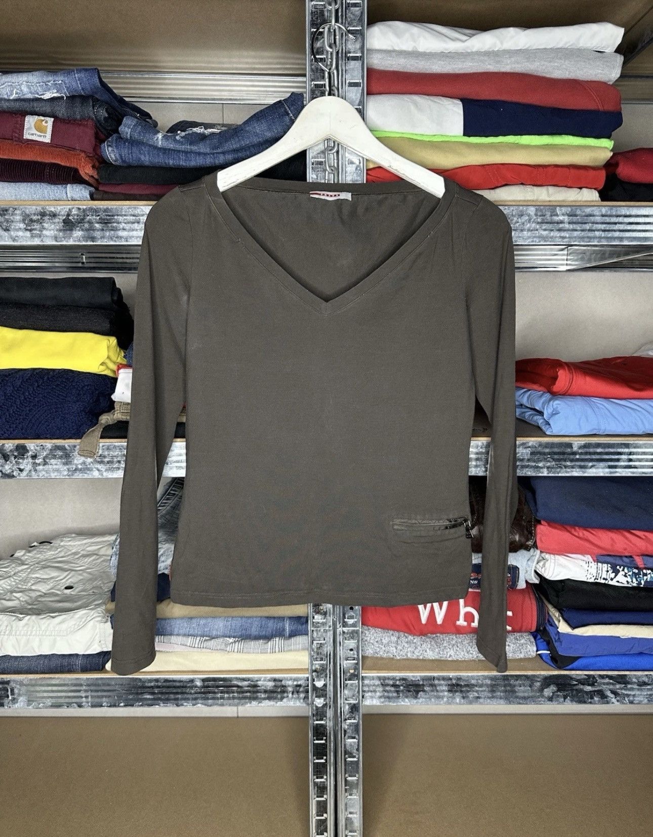 Prada Prada Red Tab And Pocket Brown V-Neck Long Sleeve Top Size L / US 10 / IT 46 - 1 Thumbnail