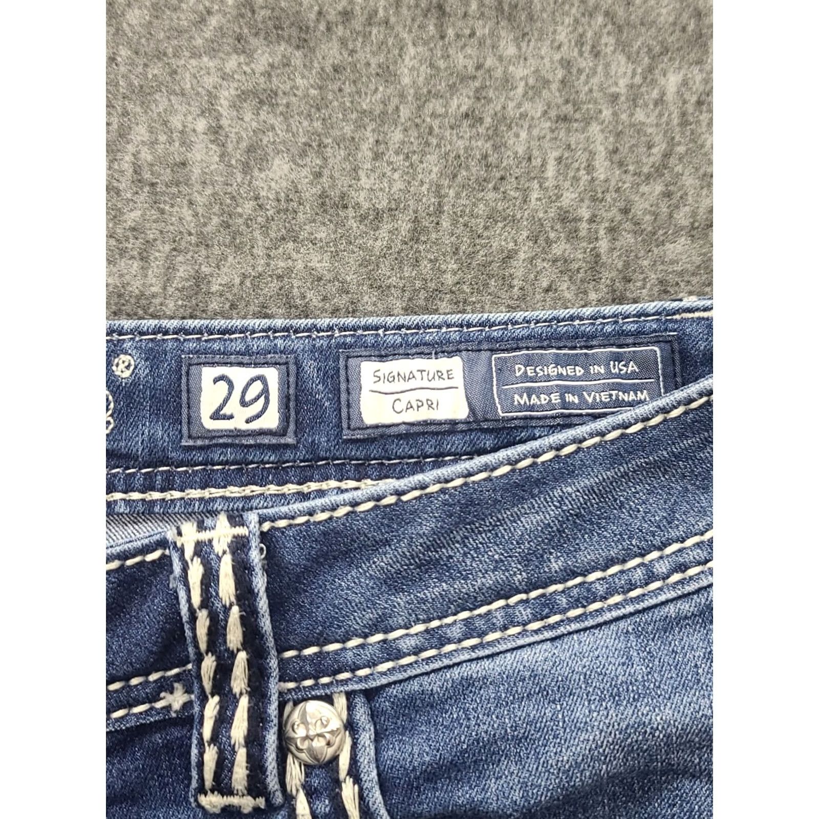 Miss Me Miss Me Jeans Capri Womens 29 Regular Mid Rise Embellished Rhinestone Embroidered Denim Blue Cowgirlcore Size ONE SIZE - 3 Thumbnail