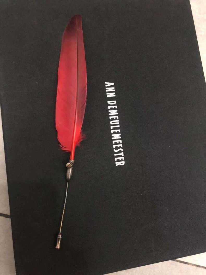 ann demeulemeester red feather brooch with silver handle