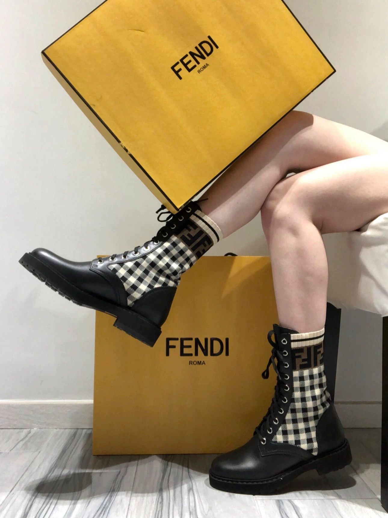 Fendi Fendi Black & White Check Knit Martin Boots 36 98 New Size US 5.5 / IT 35.5 - 9 Thumbnail