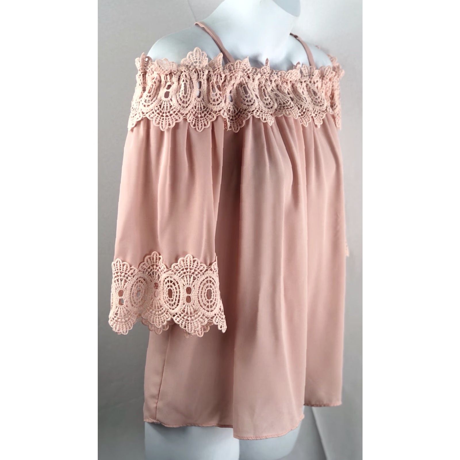 Vintage VINTAGE By By Off shoulder peasant top L pink lace flowy Chiffon Adjustable Straps Y2K 90s Fairy Bohemian Coquette Romantic Shirt Womens Size L / US 10 / IT 46 - 2 Thumbnail